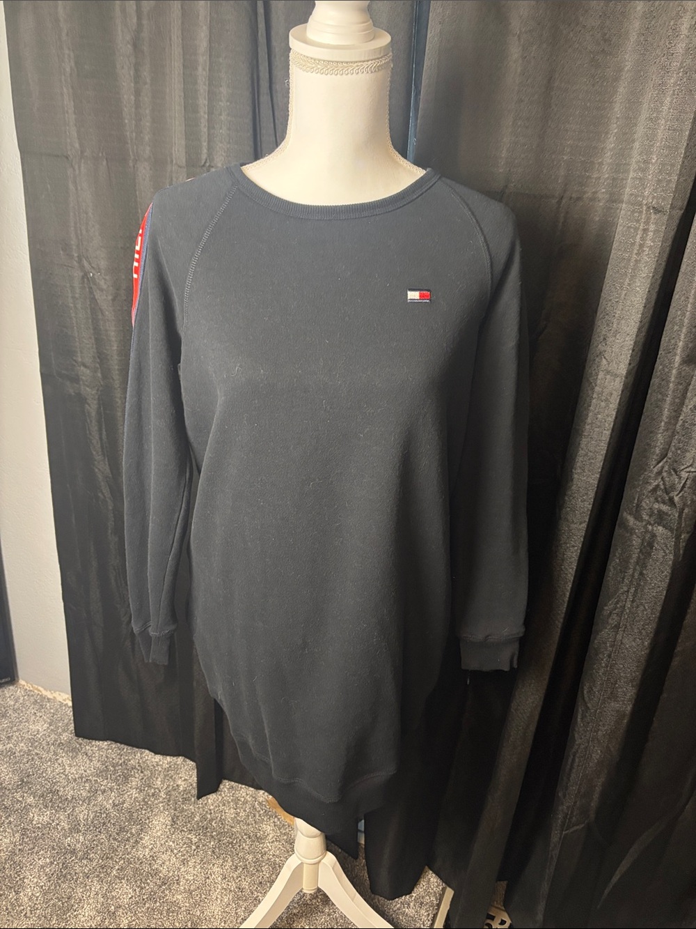 Tommy Hilfiger Black Crewneck Sweater Dress with Flag Detail